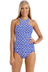 Sexy Blue White Tidal Wave High Neck One Piece Maillot